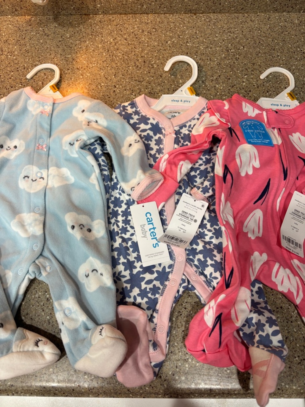 Carter's Pink Floral & Blue Cloud Baby One-Piece Sleepers - 3-Pack